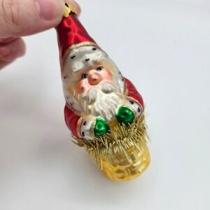 Vintage Blown Glass Santa Claus in Chimney Christmas Ornament Red Gold Tinsel